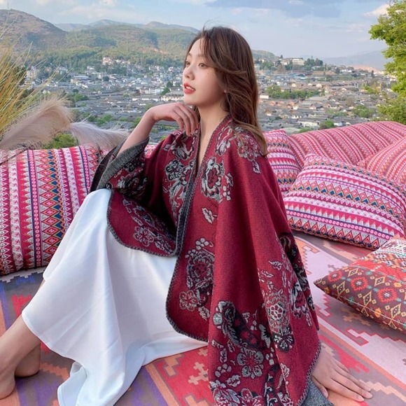 On My Rack Accessories - 2/$50 NEW Boho Floral Ruana Oversized Open Wrap Poncho Blanket Scarf